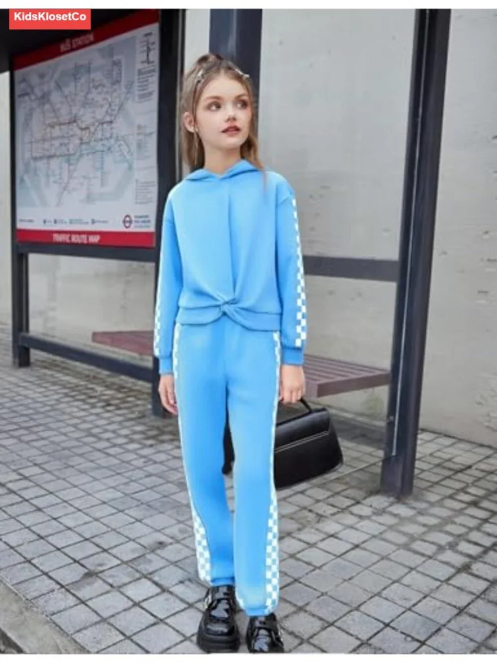 Girls 2-Piece Tracksuit Set Checkerboard Hoodie and Jogger Pants Lounge Outfit